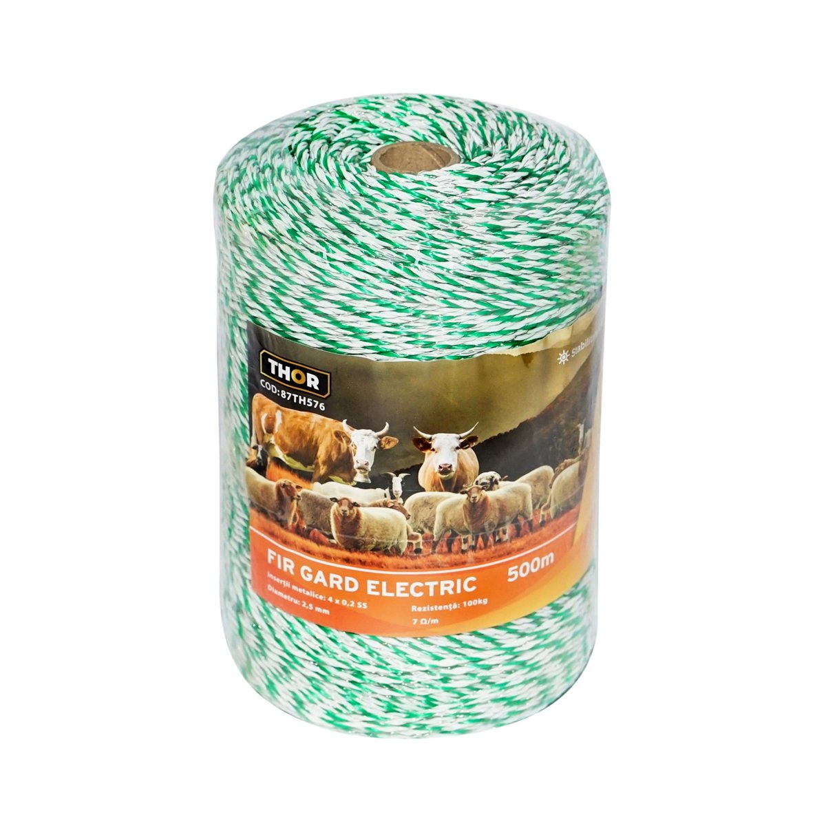 Rola fir alb-verde fi 2.5mm insertie metalica 4x0.2mm SS, rezistenta 7 Ohm/m, 500m gard electric Thor